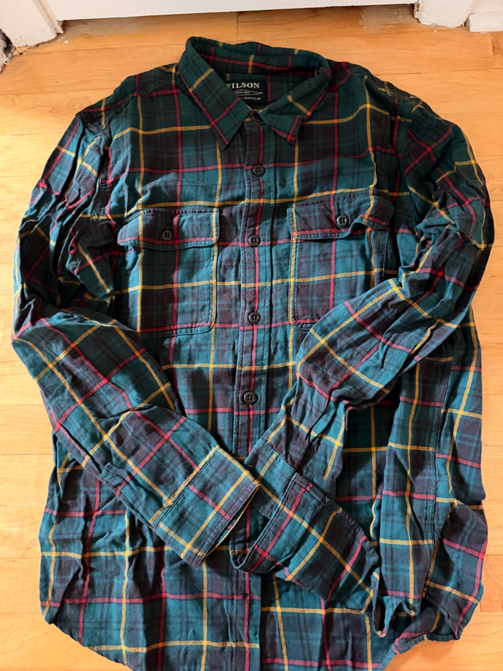 Filson Green Plaid Button-Down Shirt with Red and Yellow Windowpane